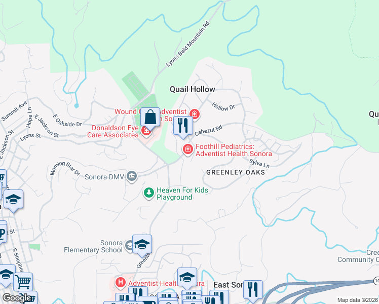 map of restaurants, bars, coffee shops, grocery stores, and more near 12801 Cabezut Road in Sonora
