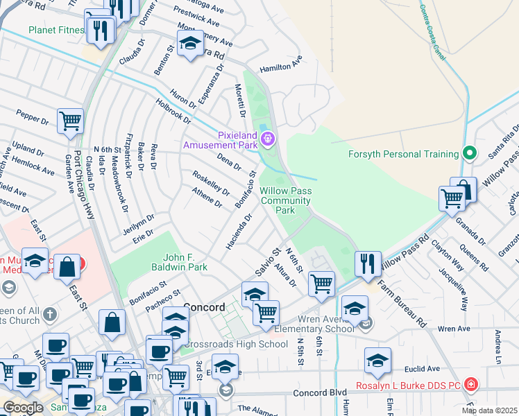 map of restaurants, bars, coffee shops, grocery stores, and more near 3186 Hacienda Drive in Concord