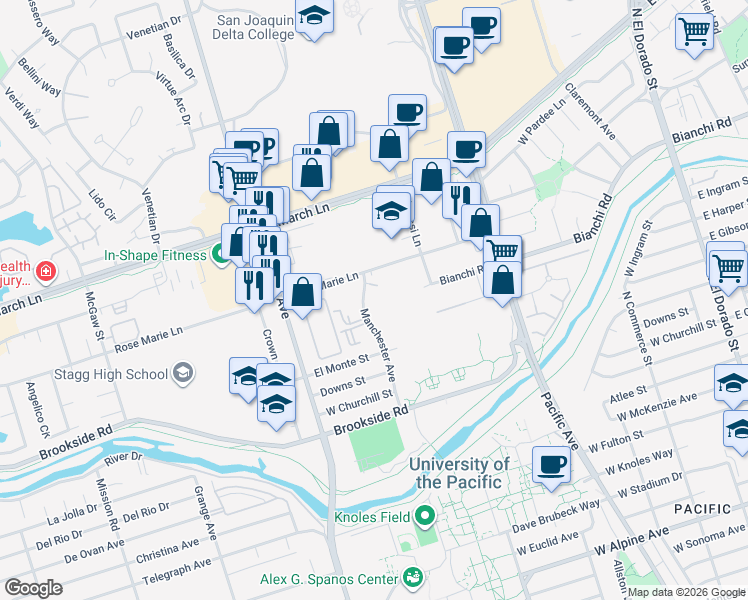 map of restaurants, bars, coffee shops, grocery stores, and more near 38 Manchester Avenue in Stockton