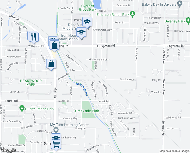 map of restaurants, bars, coffee shops, grocery stores, and more near 1210 Quail Valley Run in Oakley