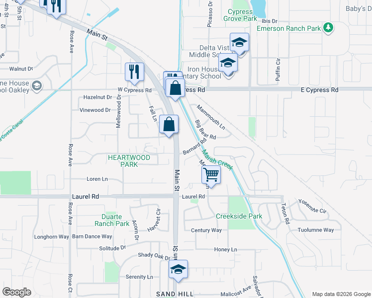 map of restaurants, bars, coffee shops, grocery stores, and more near Main Street in Oakley