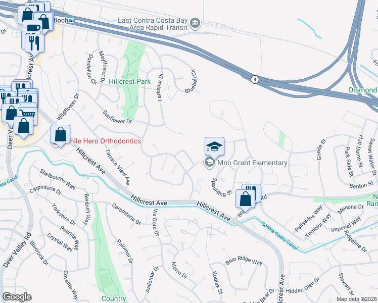 map of restaurants, bars, coffee shops, grocery stores, and more near 3545 Leafwood Circle in Antioch