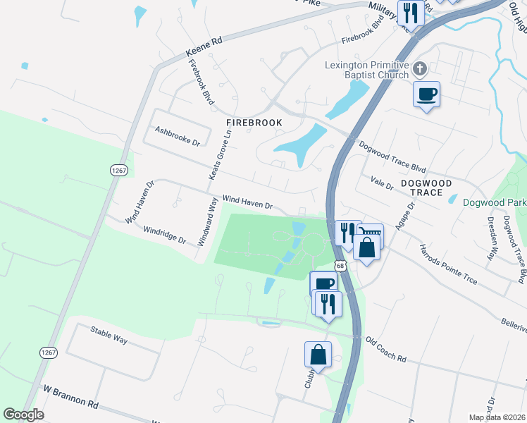 map of restaurants, bars, coffee shops, grocery stores, and more near 112 Wind Haven Drive in Nicholasville