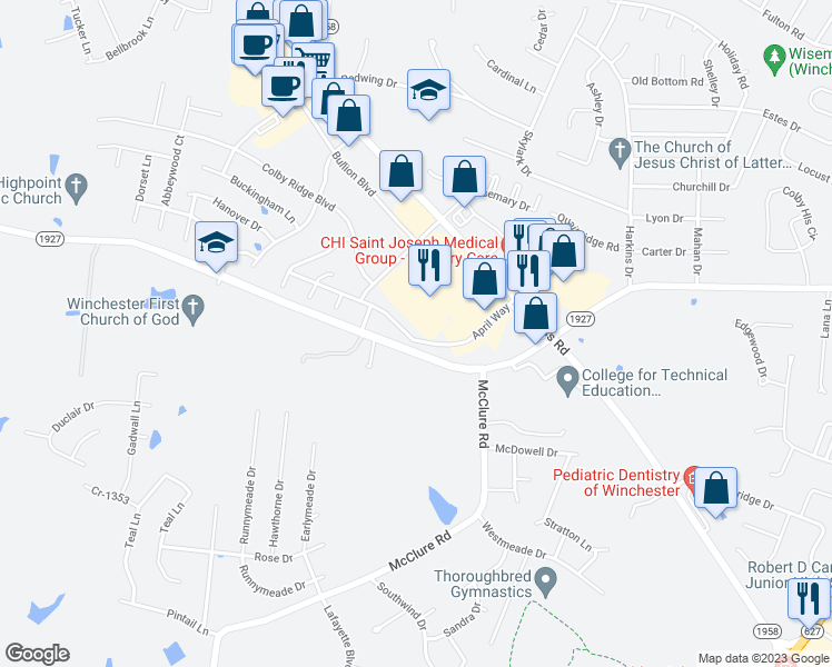 map of restaurants, bars, coffee shops, grocery stores, and more near 252 April Way in Winchester