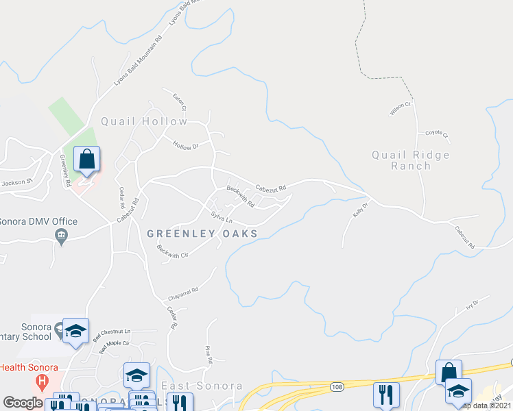 map of restaurants, bars, coffee shops, grocery stores, and more near 20100 Woodduck Lane in Sonora