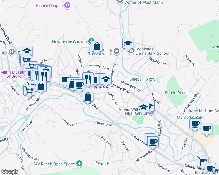 map of restaurants, bars, coffee shops, grocery stores, and more near 1531 Sir Francis Drake Boulevard in San Anselmo