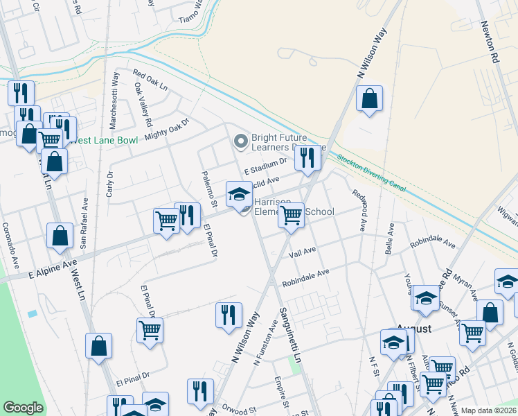 map of restaurants, bars, coffee shops, grocery stores, and more near 3160 Sanguinetti Lane in Stockton