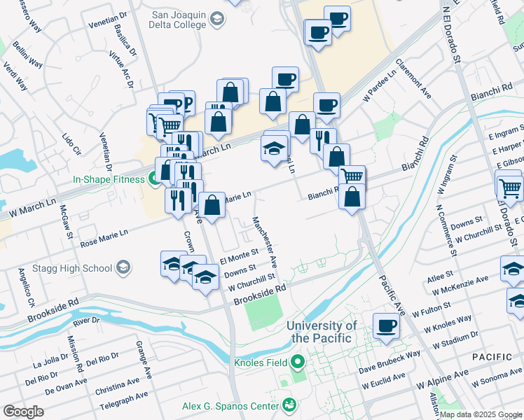 map of restaurants, bars, coffee shops, grocery stores, and more near 38 Manchester Avenue in Stockton