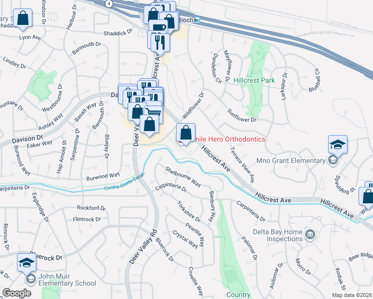 map of restaurants, bars, coffee shops, grocery stores, and more near 3454 Hillcrest Avenue in Antioch