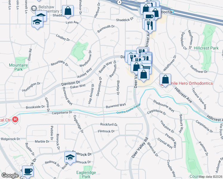 map of restaurants, bars, coffee shops, grocery stores, and more near 904 Badger Way in Antioch