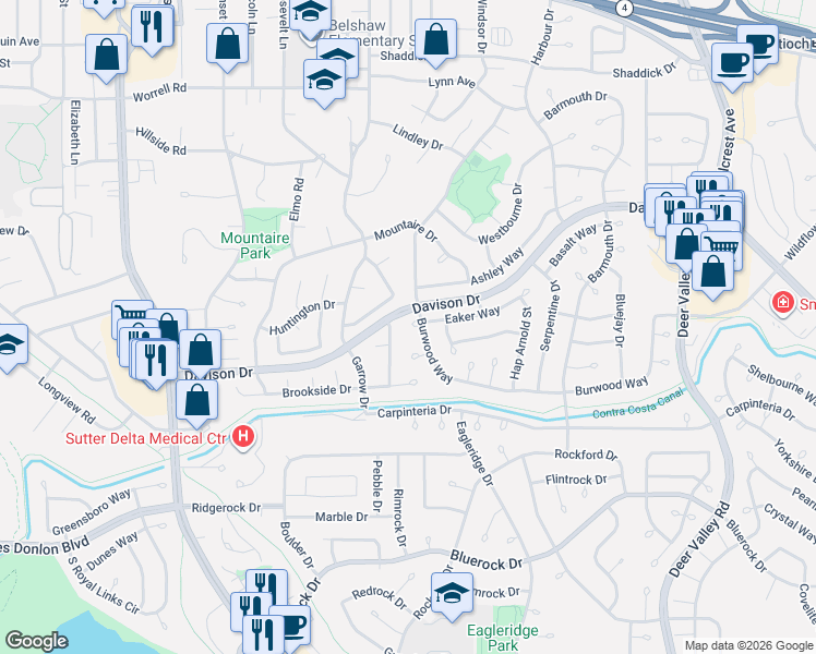 map of restaurants, bars, coffee shops, grocery stores, and more near 3717 Heritage Drive in Antioch