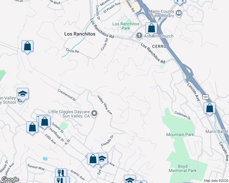 map of restaurants, bars, coffee shops, grocery stores, and more near 584 Fairhills Drive in San Rafael