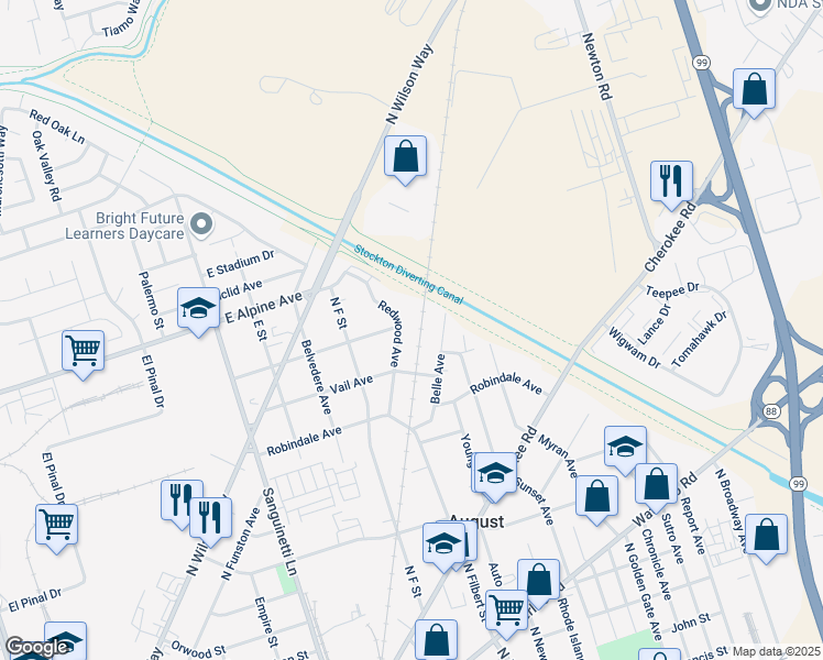 map of restaurants, bars, coffee shops, grocery stores, and more near 2895 Belle Avenue in Stockton