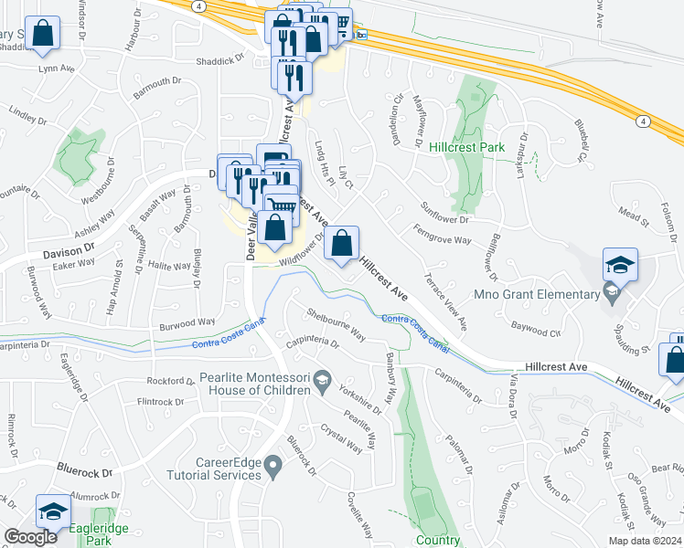 map of restaurants, bars, coffee shops, grocery stores, and more near 3436 Hillcrest Avenue in Antioch