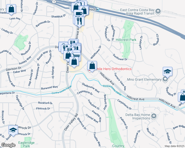 map of restaurants, bars, coffee shops, grocery stores, and more near 3436 Hillcrest Avenue in Antioch