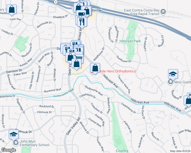 map of restaurants, bars, coffee shops, grocery stores, and more near 3454 Hillcrest Avenue in Antioch