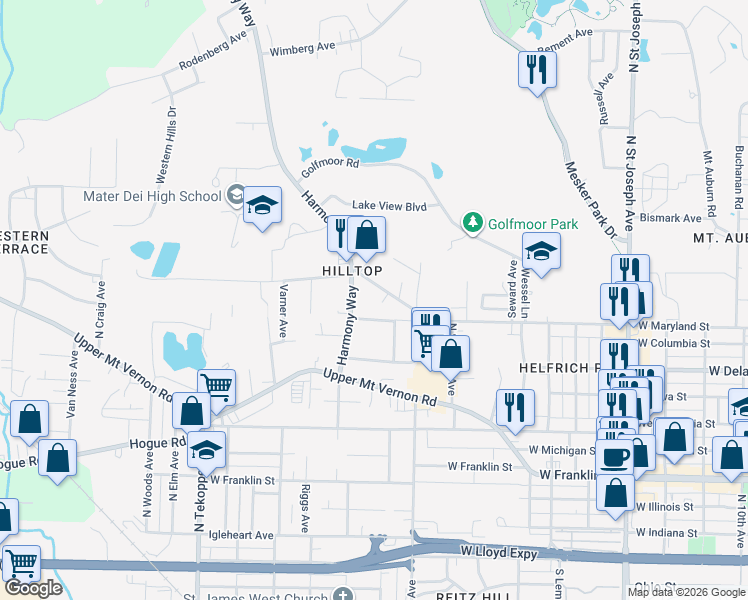map of restaurants, bars, coffee shops, grocery stores, and more near 3013-3199 W Columbia St in Evansville
