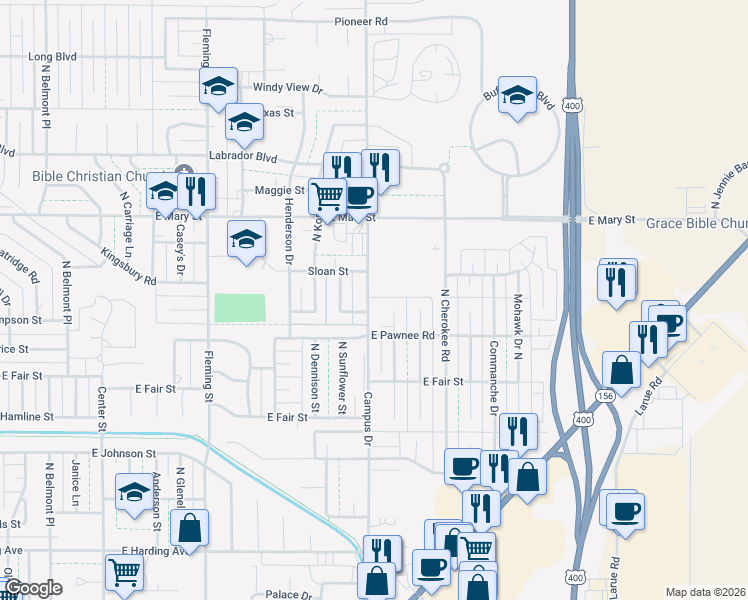 map of restaurants, bars, coffee shops, grocery stores, and more near 2205 North Arapahoe Drive in Garden City