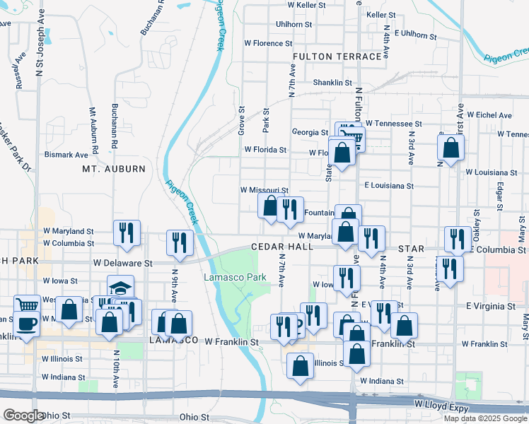 map of restaurants, bars, coffee shops, grocery stores, and more near 999 Park Street in Evansville