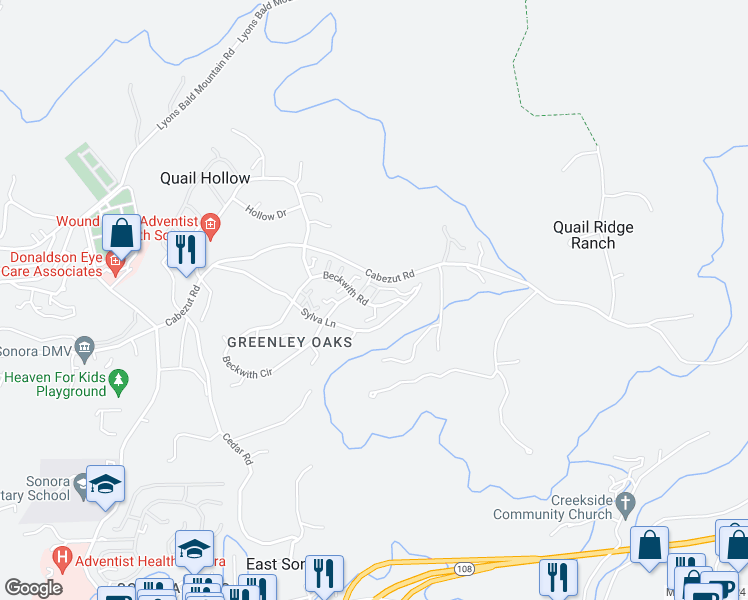 map of restaurants, bars, coffee shops, grocery stores, and more near 20105 Woodduck Lane in Sonora