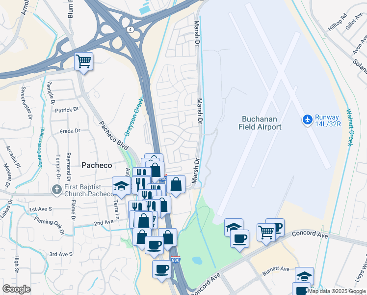 map of restaurants, bars, coffee shops, grocery stores, and more near 166 Selima Way in Pacheco