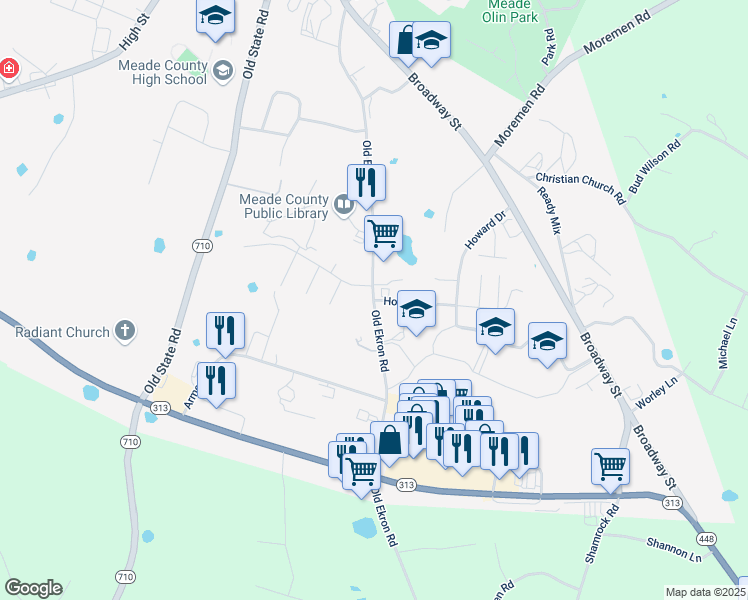 map of restaurants, bars, coffee shops, grocery stores, and more near 44 Howard Drive in Brandenburg