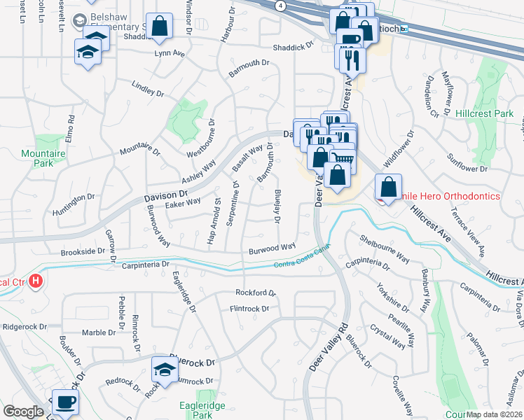 map of restaurants, bars, coffee shops, grocery stores, and more near 904 Badger Way in Antioch