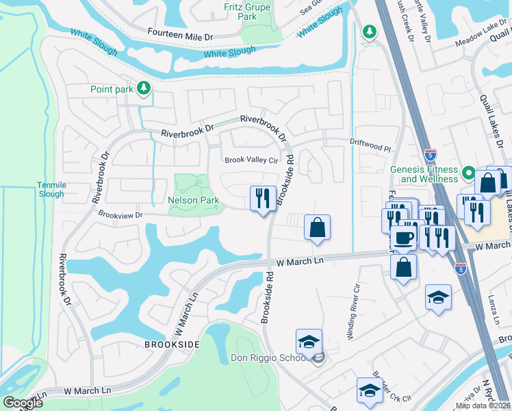 map of restaurants, bars, coffee shops, grocery stores, and more near 3485 Brookside Road in Stockton