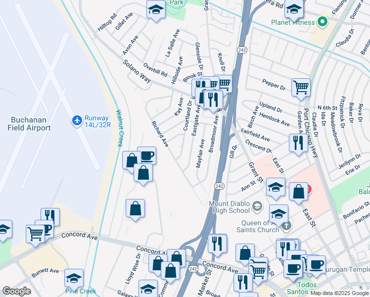 map of restaurants, bars, coffee shops, grocery stores, and more near 2736 Courtland Drive in Concord