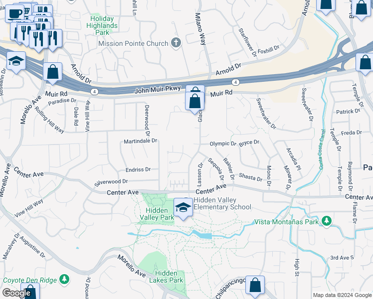 map of restaurants, bars, coffee shops, grocery stores, and more near 317 Lava Court in Martinez