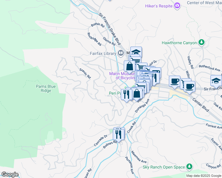 map of restaurants, bars, coffee shops, grocery stores, and more near 16 Frustuck Avenue in Fairfax