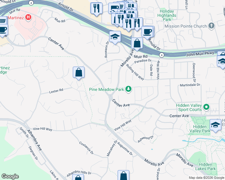 map of restaurants, bars, coffee shops, grocery stores, and more near 1021 Morello Avenue in Martinez