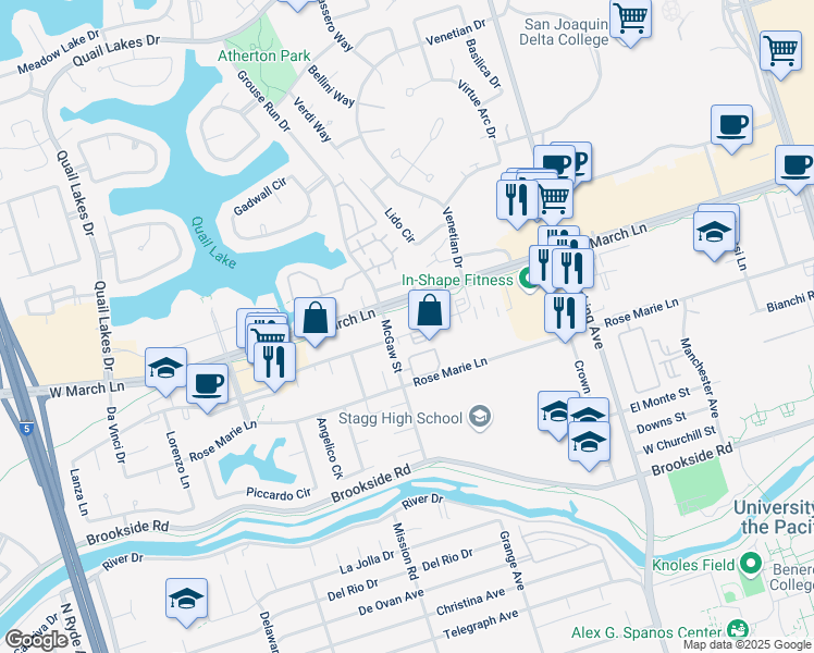 map of restaurants, bars, coffee shops, grocery stores, and more near 1746 Grand Canal Boulevard in Stockton
