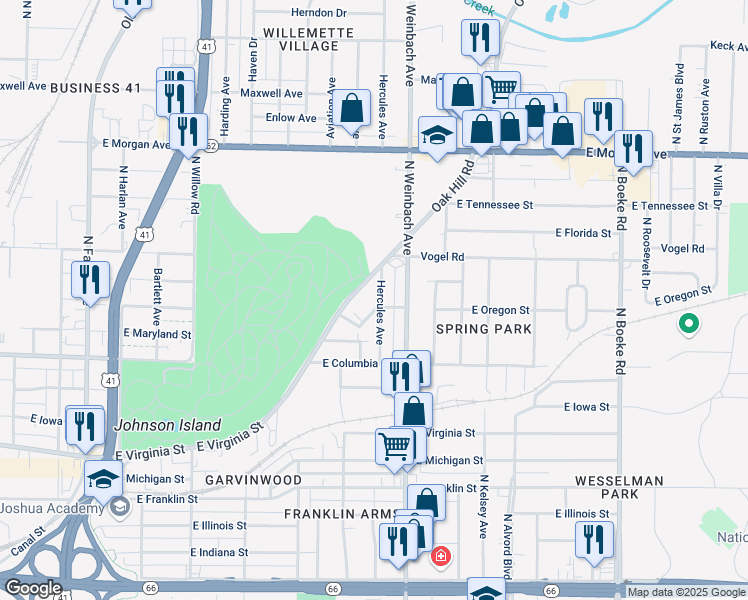map of restaurants, bars, coffee shops, grocery stores, and more near 909 Bellaire Avenue in Evansville