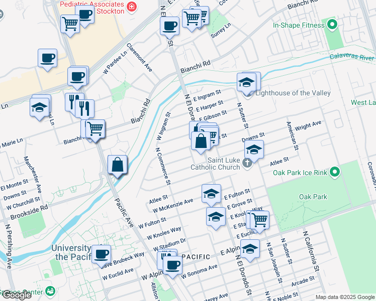 map of restaurants, bars, coffee shops, grocery stores, and more near 4149 North Center Street in Stockton