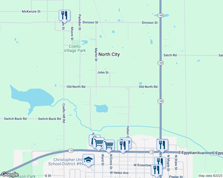 map of restaurants, bars, coffee shops, grocery stores, and more near 4998 Old North Road in Christopher