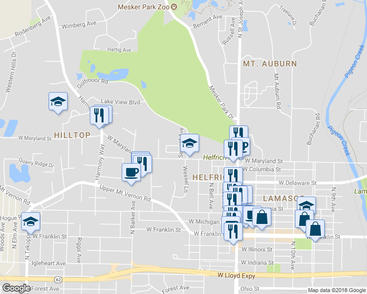 map of restaurants, bars, coffee shops, grocery stores, and more near 926 Wessel Lane in Evansville