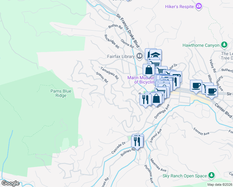 map of restaurants, bars, coffee shops, grocery stores, and more near 239 Tamalpais Road in Fairfax