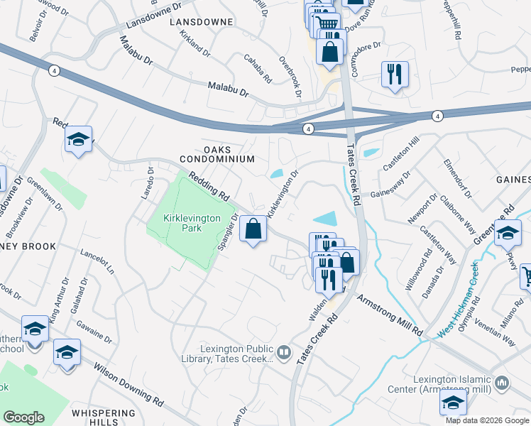 map of restaurants, bars, coffee shops, grocery stores, and more near 3216 Kirklevington Drive in Lexington
