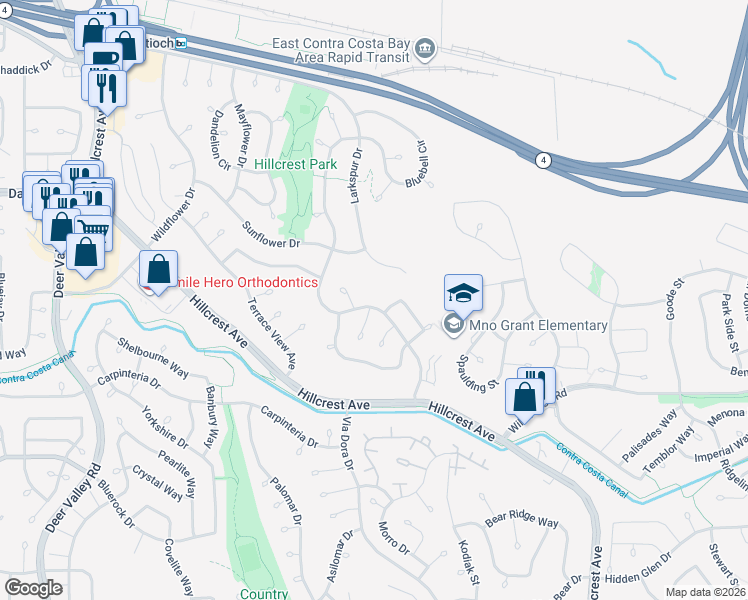 map of restaurants, bars, coffee shops, grocery stores, and more near 3504 Bellflower Drive in Antioch