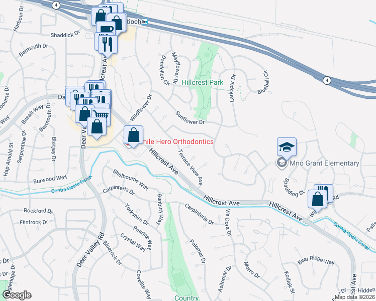map of restaurants, bars, coffee shops, grocery stores, and more near 3225 Vista Hills Court in Antioch