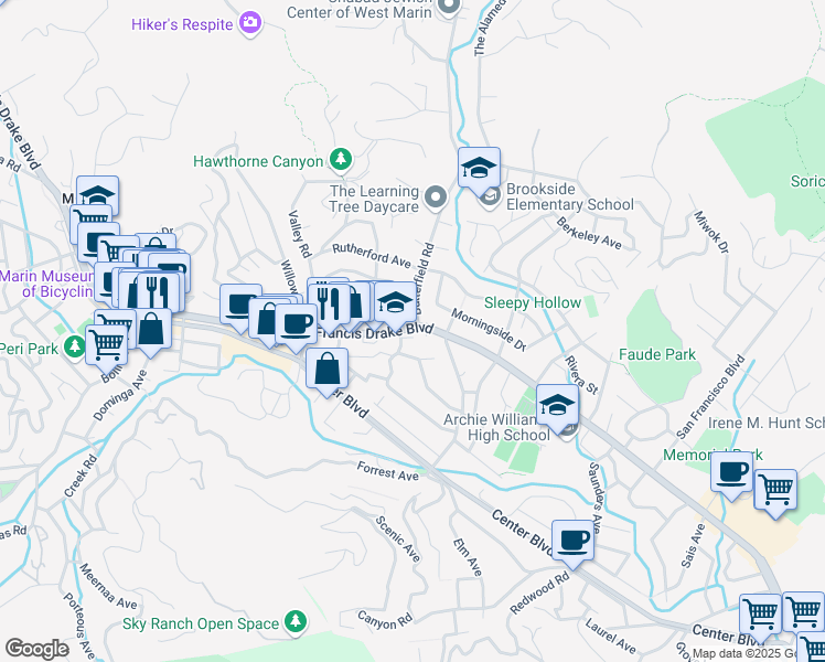 map of restaurants, bars, coffee shops, grocery stores, and more near 90 Medway Road in San Anselmo