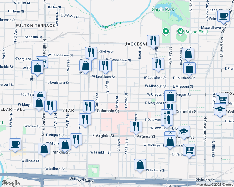 map of restaurants, bars, coffee shops, grocery stores, and more near 906 Mary St in Evansville