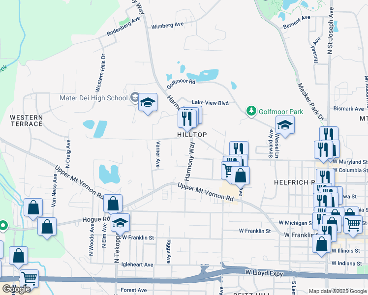map of restaurants, bars, coffee shops, grocery stores, and more near 900 Harmony Way in Evansville