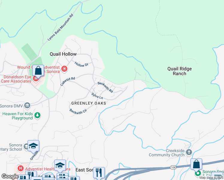 map of restaurants, bars, coffee shops, grocery stores, and more near 13080 Sylva Lane in Sonora