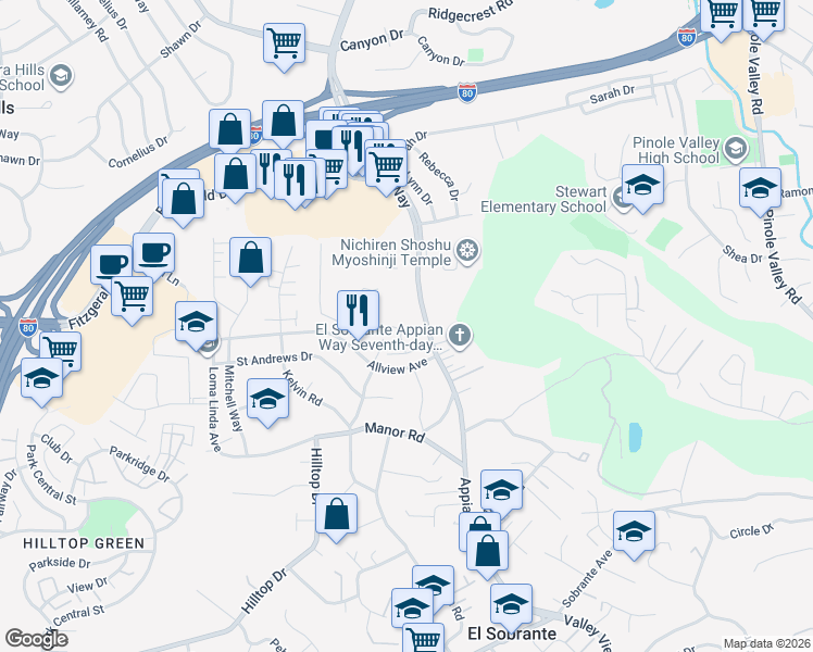 map of restaurants, bars, coffee shops, grocery stores, and more near 1704 Dalessi Drive in Pinole