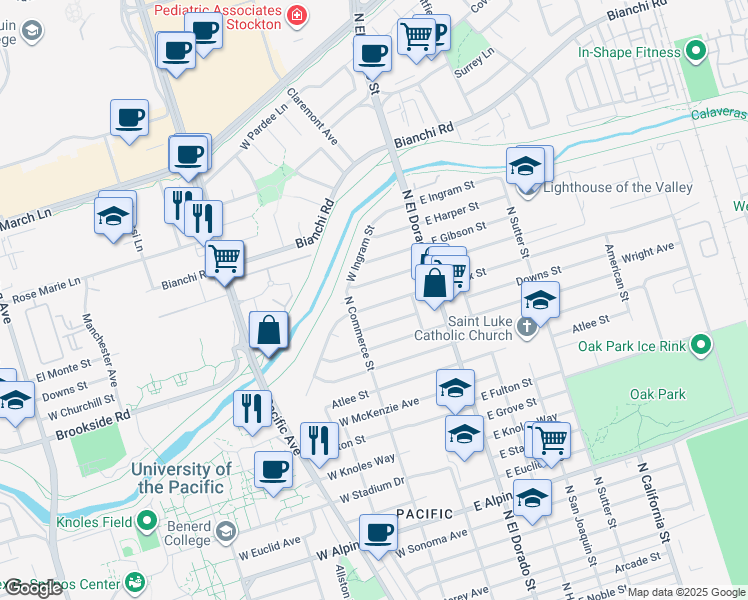 map of restaurants, bars, coffee shops, grocery stores, and more near 79 Downs Street in Stockton