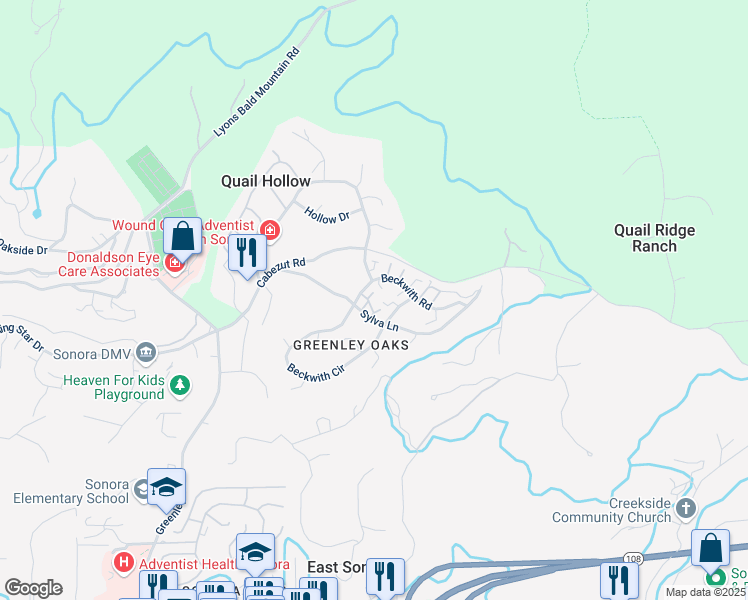 map of restaurants, bars, coffee shops, grocery stores, and more near 20611 Wayne Court in Sonora