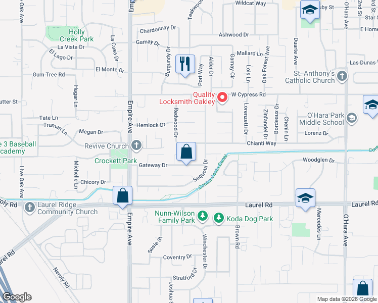 map of restaurants, bars, coffee shops, grocery stores, and more near 1732 Isleton Court in Oakley