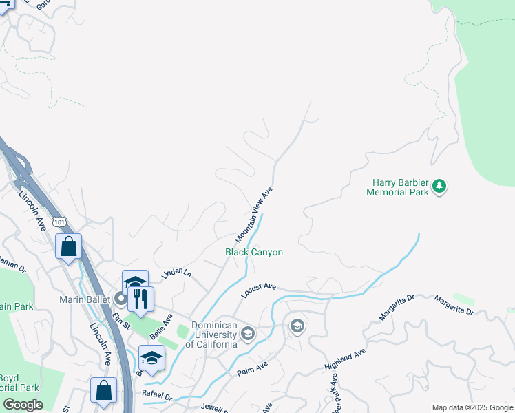 map of restaurants, bars, coffee shops, grocery stores, and more near 264 Mountain View Avenue in San Rafael